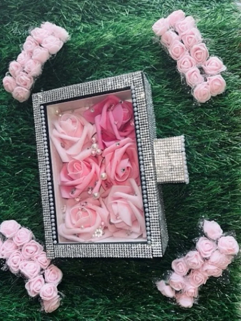 Elegant Pink Floral Clutch Box Purse with Rhinestone Trim